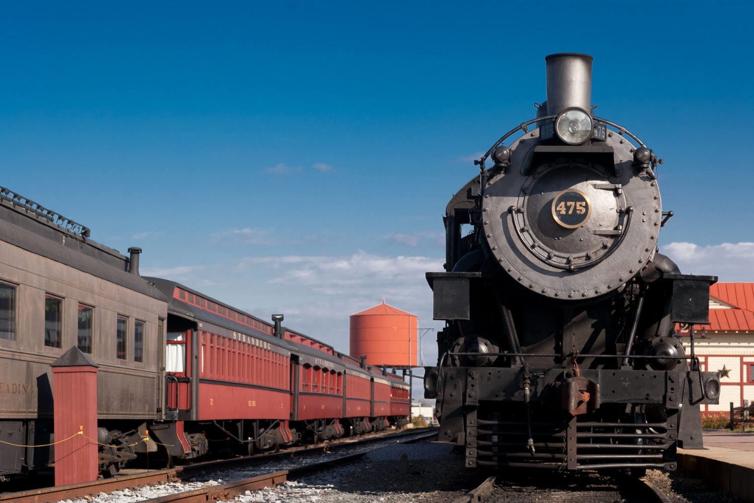 Stream train 475 resting on the tracks of Strasburg Rail Road.