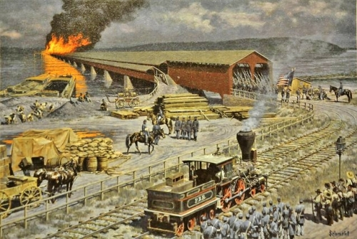 A painting of a bridge burning.